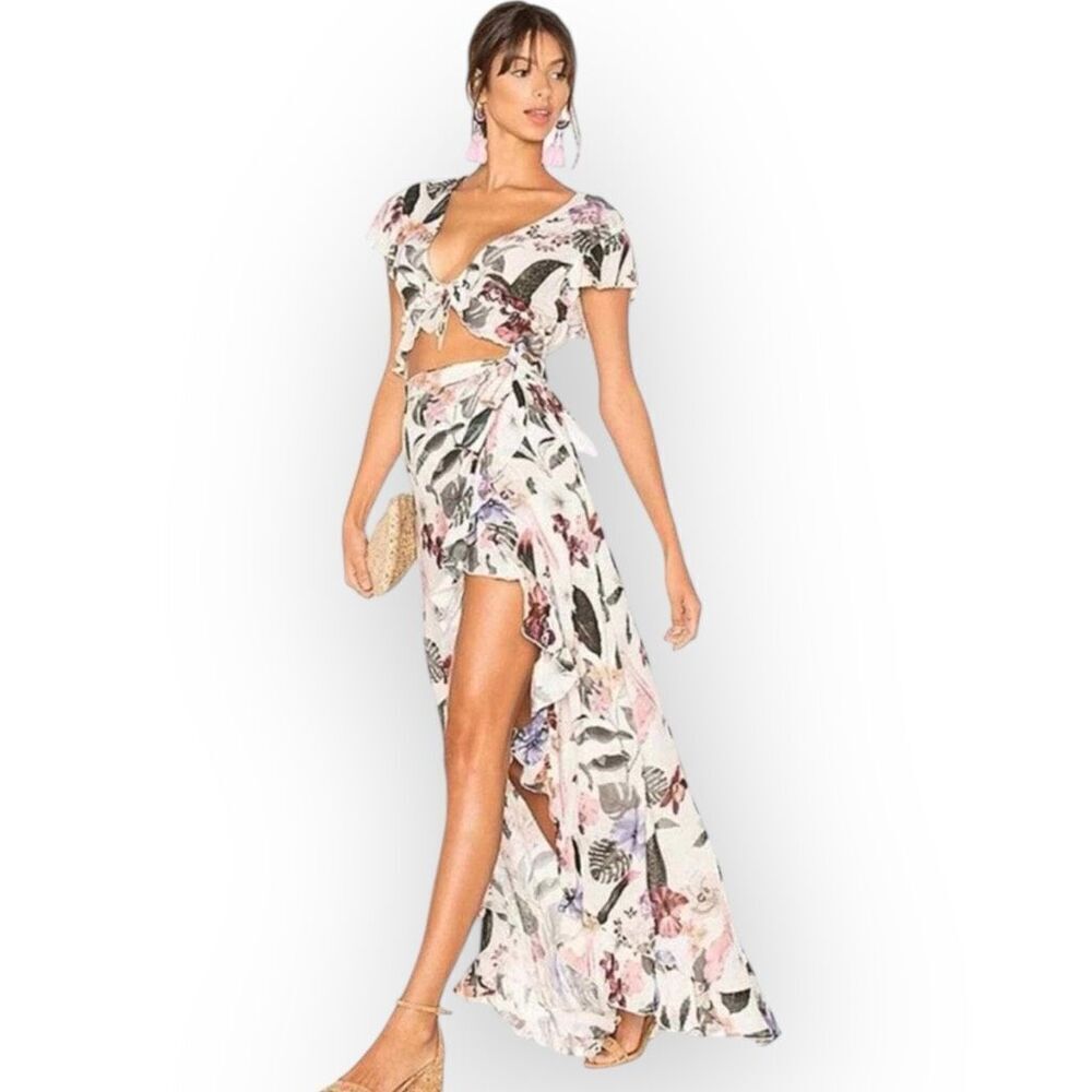 Lovers + Friends Waves for Days Wrap Skirt and Crop Top Set in Ivory Floral XS